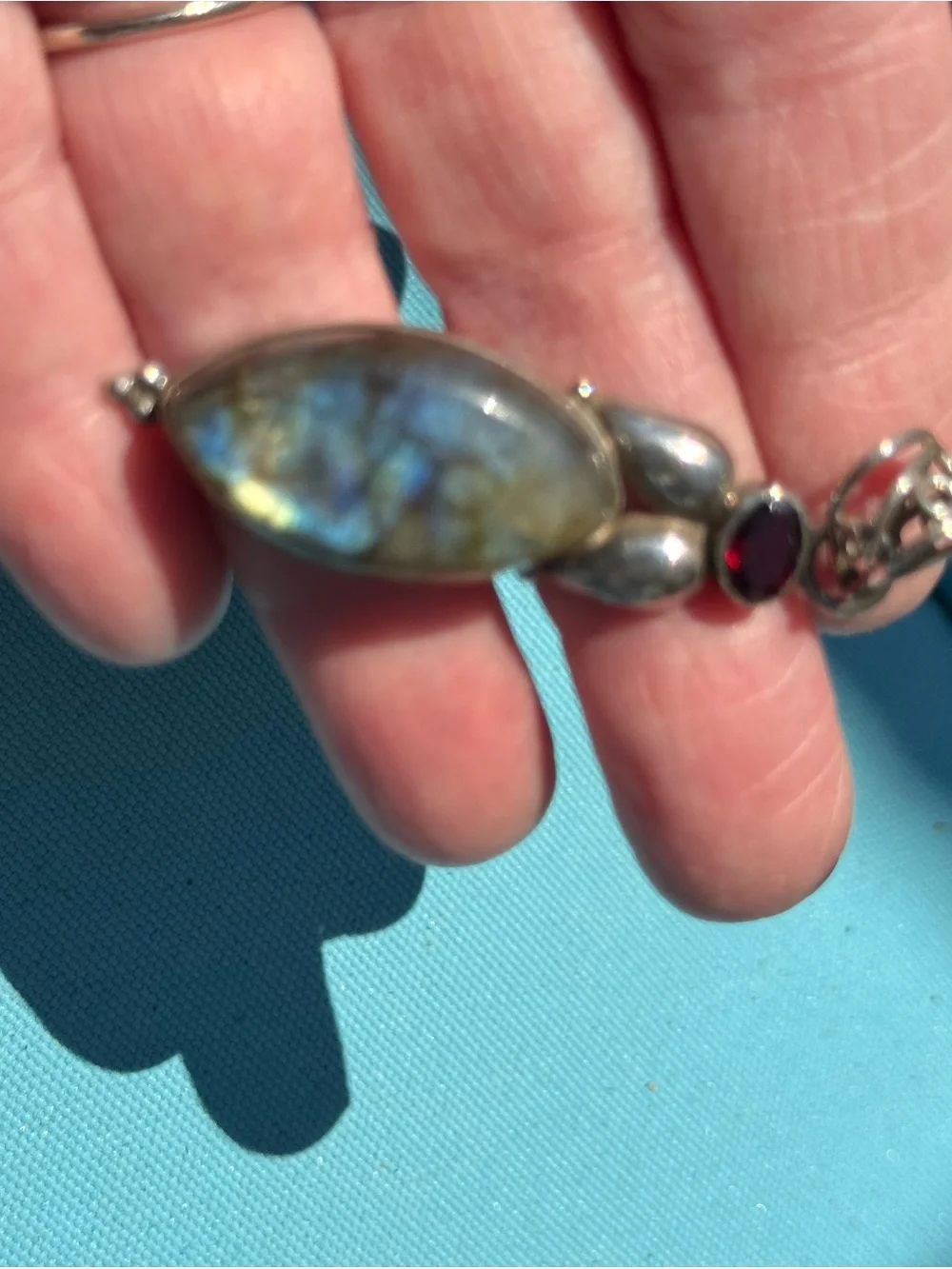 Sterling Silver Labradorite Bracelet & pendant w garnet & green diopside pendant - Picture 8 of 15